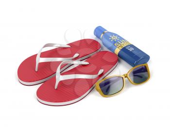 Flip-flops, sun cream and sunglasses on white background