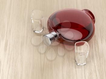 Red liqueur bottle and two empty glasses on wood table