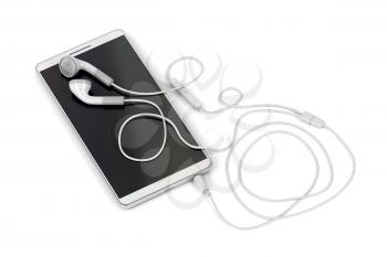 Smartphone and wired earphones on white background