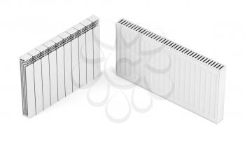 Different types of heating radiators on white background