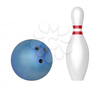 Blue bowling ball and pin, isolated on white background