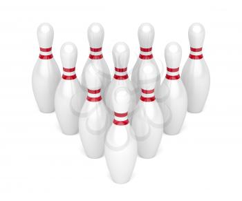 Row of bowling pins on white background 