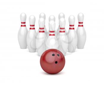 Row of bowling pins and red bowling ball 