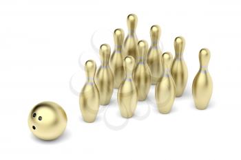Gold bowling pins and ball on white background