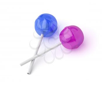 Blue and pink lollipops on white background