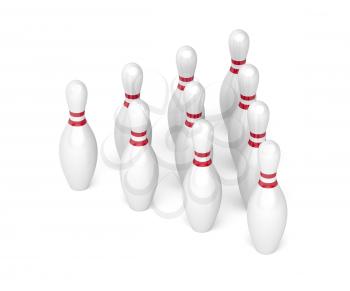 Rows of bowling pins on white background