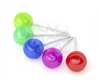 Group of lollipops with different colors and flavors on white background