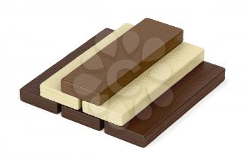 Wafers with different types of chocolate on white background