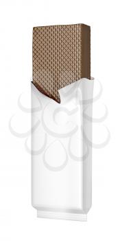 Chocolate wafer in white foil, isolated on white background 