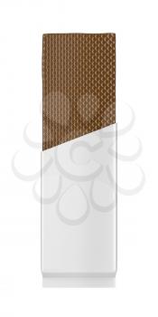 Front view of chocolate wafer in white foil, isolated on white background 