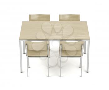 Wood dining table and four chairs on white background