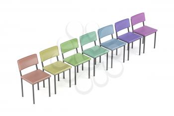 Row with colorful chairs on white background