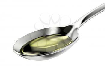 Silver spoon with extra virgin olive oil, isolated on white background