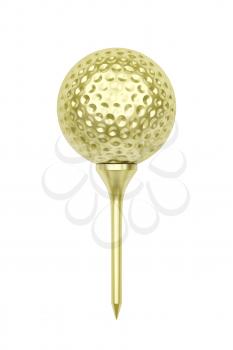 Golden golf ball on tee, isolated on white background