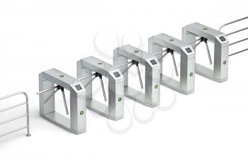 Row with electronic turnstiles on white background