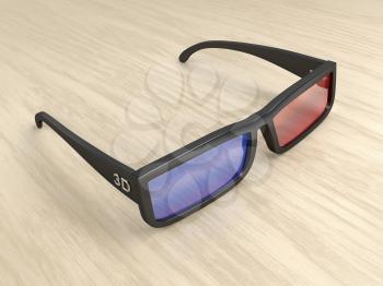 Anaglyph 3D glasses on wood table