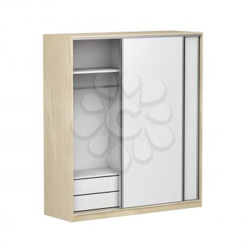 Wood wardrobe with sliding doors, isolated on white background
