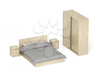 Wooden furniture for bedroom on white background. Bed, nightstands and sliding wardrobe.