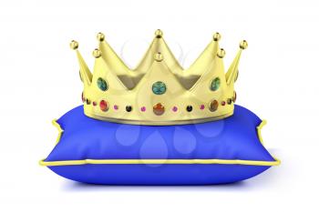Royal gold crown on blue pillow, front view