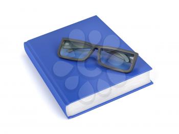 Blue book and glasses on white background