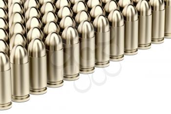 Multiple rows with pistol bullets on white background