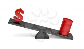 Disbalance between dollar sign and oil barrel on a seesaw, concept image