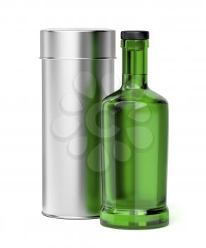 Green glass bottle for alcoholic beverage and metal box on white background