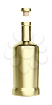 Gold bottle for alcoholic beverage, isolated on white background
