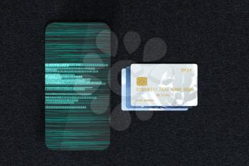 Bank cards and mobile phone with digital numbers, 3d rendering. Computer digital drawing.