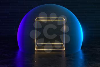 Glowing cube line in the blue bubble, 3d rendering. Computer digital drawing.