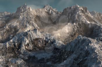 Magical peak with misty fog, 3d rendering. Computer digital drawing.