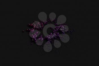 Purple bubbles on black floor, 3d rendering. Computer digital drawing.