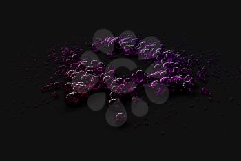 Purple bubbles on black floor, 3d rendering. Computer digital drawing.