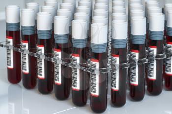 Blood test tubes with laboratory, 3d rendering. Computer digital drawing.