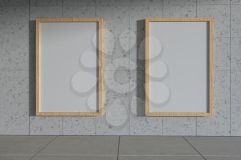 Blank white banner outside. Concrete building in the background. 3d rendering. Computer digital drawing.