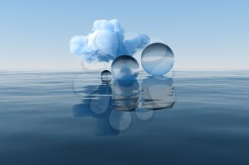 Cloud and geometric figure floating on the lake, 3d rendering. Computer digital drawing.