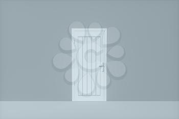 Wooden door with blank grey wall, 3d rendering. Computer digital drawing.