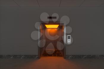 The elevator in the corridor, 3d rendering. Computer digital drawing.