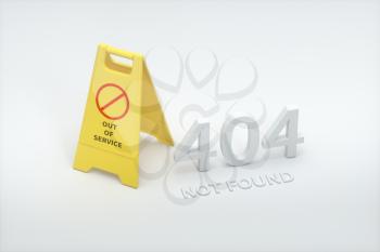404 error page with yellow floor sign aside, 3d rendering. Computer digital drawing.