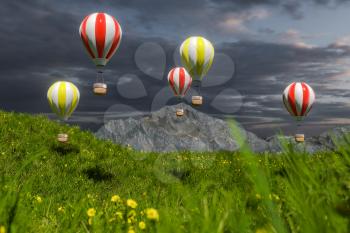 Flying hot-air balloon over the grass field, 3d rendering. Computer digital drawing.