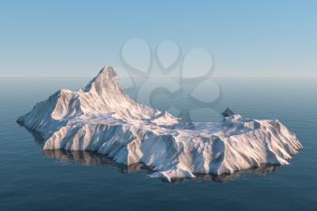 An island of snow mountain on the sea, 3d rendering. Computer digital drawing.