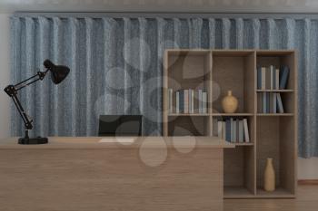 Private work place with wooden desk and decorative lamp, 3d rendering. Computer digital drawing.