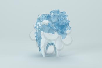 White tooth with blue liquid on it, 3d rendering. Computer digital drawing.
