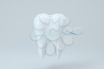 White tooth with blue gradient particles surrounded, 3d rendering. Computer digital drawing.