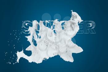 3D font of SUMMER with white liquid pouring down, 3d rendering. Computer digital drawing.