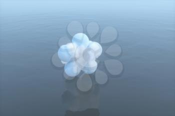 Balls and clouds floating on the lake,peaceful scene,3d rendering. Computer digital drawing.