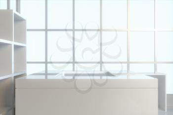 Glass squares and empty room with white background,3d rendering. Computer digital drawing.