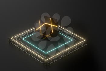 The cube floats above the glowing cubes, 3d rendering. Computer digital drawing.