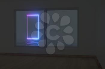 Empty room and neon, dark background ,3d rendering. Computer digital drawing.