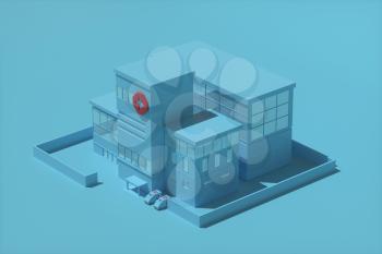 Hospital model with blue background,abstract conception,3d rendering. Computer digital drawing.